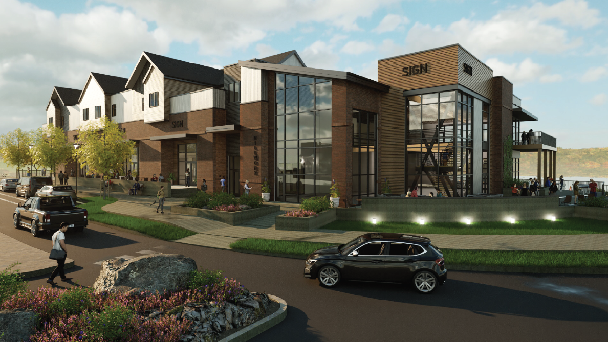 A photo rendering of a mixed use building architectural design.